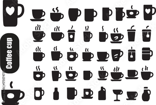 Collection of black silhouette coffee cups and mugs with various designs
