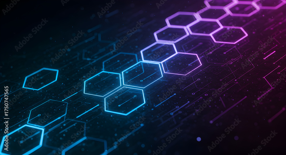 Fototapeta premium Glowing blue and purple hexagons on a dark digital circuit board background 2025 2026 full hd 4k technology background download