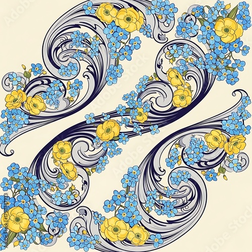 Floral Art Nouveau Pattern with Forget-Me-Nots and Yellow Flowers.