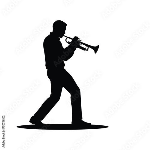 Silhouette of a man playing a trumpet against a white background in a musical performance