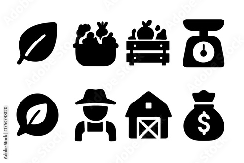 Organic Market Icons. Organic Market. Filled icon set of Organic Market: leaf label, basket of vegetables,