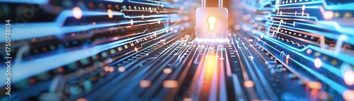 circuit road leading to glowing lock portal, symbolizing trusted digital pathways.