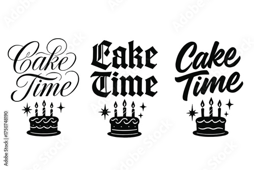 Elegant Cake Calligraphy. Cake Time. Create a calligraphy lettering illustration of the phrase: Cake Time.