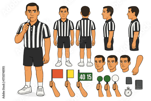 Tennis Referee Character Kit. Cartoon realistic vector illustration, Character constructor style, isolated