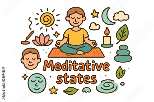 Meditative Doodle Illustration. Meditative states. Hand-drawn doodle illustration of Meditative states. person