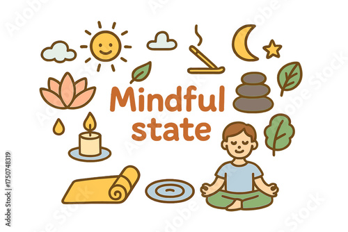 Mindful State Doodle. Mindful state. Hand-drawn doodle illustration of Mindful state. person meditating, lotus