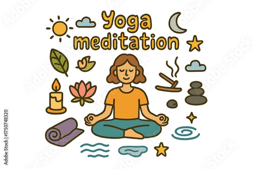 Colorful Yoga Meditation. Yoga meditation. Hand-drawn doodle illustration of Yoga meditation. person in lotus