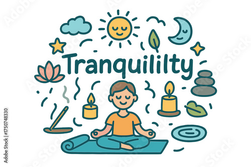Tranquility Doodle Illustration. Tranquility. Hand-drawn doodle illustration of Tranquility. person meditating