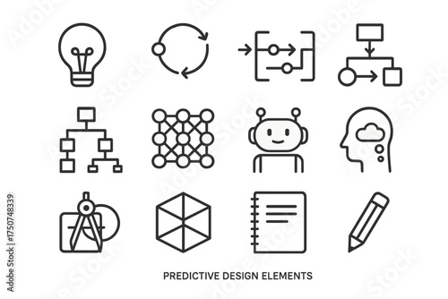 Predictive Design Icons. Predictive Design Elements. Line outline icon set of Predictive Design Elements: