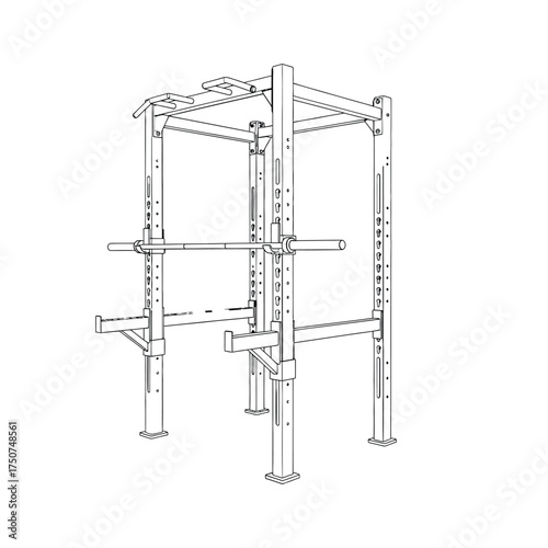 Outline illustration of a power rack with a pull up bar and barbell holders on a white background silhouette