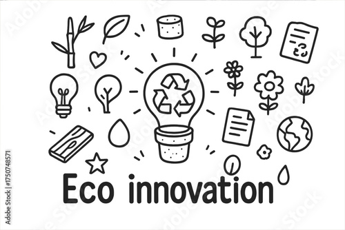 Eco Innovation Doodle. Eco innovation. Hand-drawn doodle illustration of Eco innovation. In the middle, one