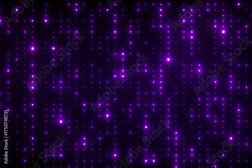 An array of purple lights creates an abstract, digital sequence against a dark background. The lights vary in intensity and arrangement, forming a captivating pattern.AI generated.