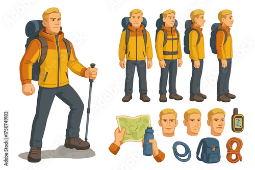 Trekker Character Design. Cartoon realistic vector illustration, Character constructor style, isolated