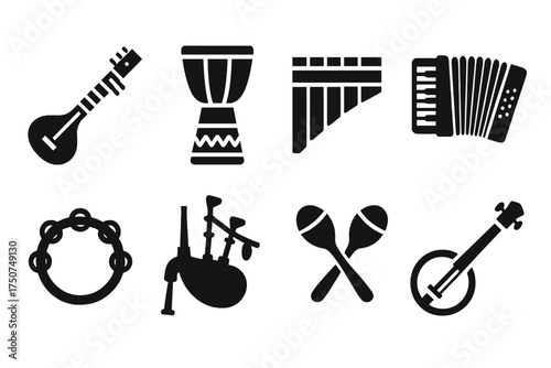 Iconic Musical Instruments. Musical Heritage. Filled icon set of Musical Heritage: sitar, djembe, pan flute,