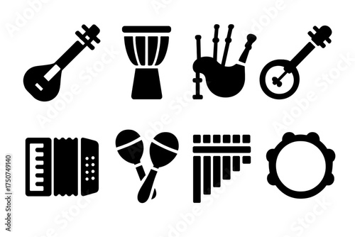 Musical Instrument Icons. Traditional Ensemble. Filled icon set of Traditional Ensemble: sitar, djembe,