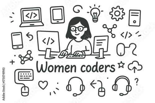 Women Coders Doodle. Women coders. Hand-drawn doodle illustration of Women coders. In the middle, one slightly