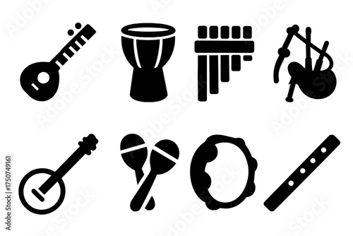 Traditional Music Icons. Traditional Music. Filled icon set of Traditional Music: sitar, djembe, pan flute,