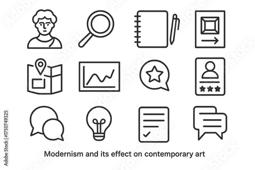 Modernism Icon Set. Modernism and its effect on contemporary art. Line outline icon set of Modernism and its
