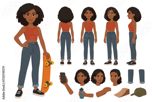Skater Woman Character Design. Cartoon realistic vector illustration, Character constructor style, isolated
