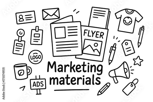 Marketing Doodle Collection. Marketing materials. Hand-drawn doodle illustration of Marketing materials. In