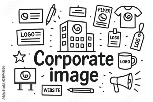 Corporate Identity Doodles. Corporate image. Hand-drawn doodle illustration of Corporate image. In the middle,