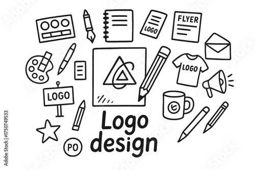Doodle Logo Sketch. Logo design. Hand-drawn doodle illustration of Logo design. In the middle, one slightly