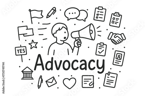 Advocacy Doodle Art. Advocacy. Hand-drawn doodle illustration of Advocacy. In the middle, one slightly larger