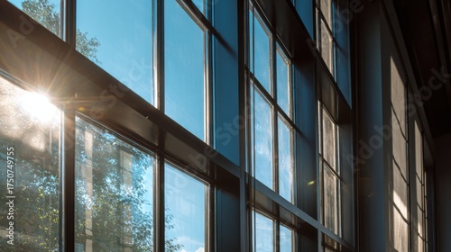 Sunlight streams through large windows in modern building.