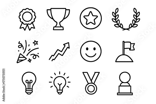 Wellness Icons Grid. Wellness retreats. Line outline icon set of Wellness retreats: award ribbon, trophy, star