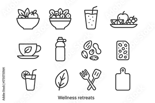 Wellness Icon Set. Wellness retreats. Line outline icon set of Wellness retreats: healthy food, salad bowl,