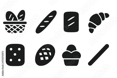 Artisan Bread Icons. Artisan Basket. Filled icon set of Artisan Basket: sourdough, baguette, ciabatta,
