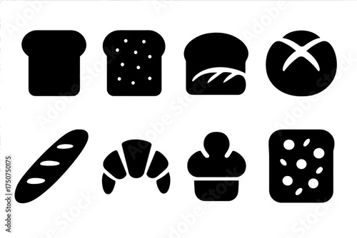 Bread Icon Set. Bread Varieties. Filled icon set of Bread Varieties: white bread, whole grain bread, rye bread