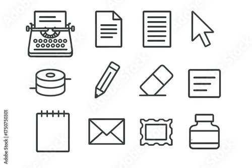 Vintage Typewriter Icons. A vintage typewriter with an unfinished manuscript on paper. Line outline icon set
