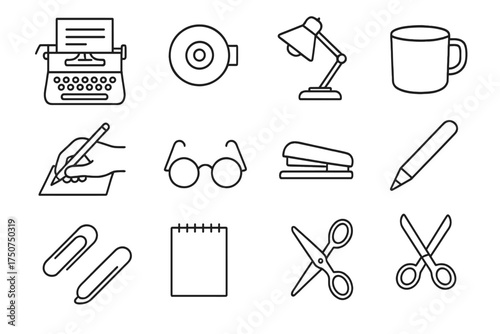 Vintage Typewriter Icons. A vintage typewriter with an unfinished manuscript on paper. Line outline icon set