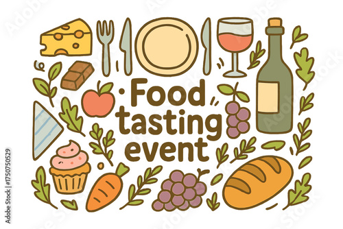 Gourmet Tasting Doodles. Food tasting event. Hand-drawn doodle illustration of Food tasting event. plate, fork