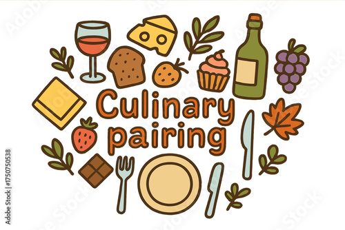 Gourmet Delight Doodle. Culinary pairing. Hand-drawn doodle illustration of Culinary pairing. wine glass,