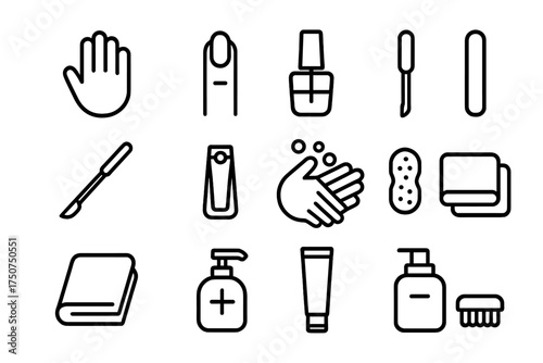 Nail Care Icons. Nail care and hand cleanliness. Line outline icon set of Nail care and hand cleanliness: hand
