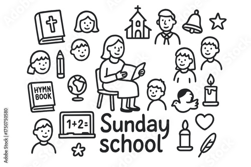 Sunday School Doodles. Sunday school. Hand-drawn doodle illustration of Sunday school. In the middle, one