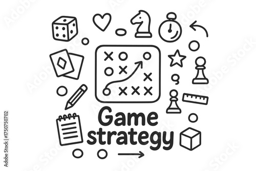 Game Strategy Doodles. Game strategy. Hand-drawn doodle illustration of Game strategy. In the middle, one