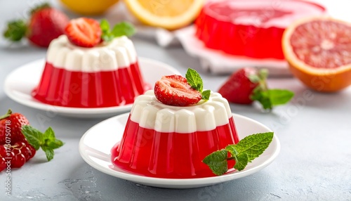 Two-tone layered gelatin desserts with fruit garnishes and fresh mint