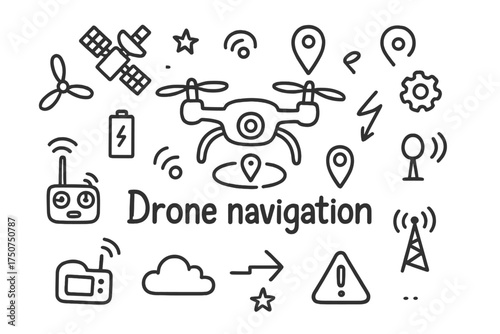 Drone Navigation Doodle. Drone navigation. Hand-drawn doodle illustration of Drone navigation. In the middle,