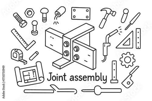 Doodle Joint Assembly. Joint assembly. Hand-drawn doodle illustration of Joint assembly. In the middle, one