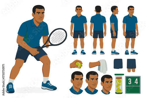Tennis Player Character Kit. Cartoon realistic vector illustration, Character constructor style, isolated
