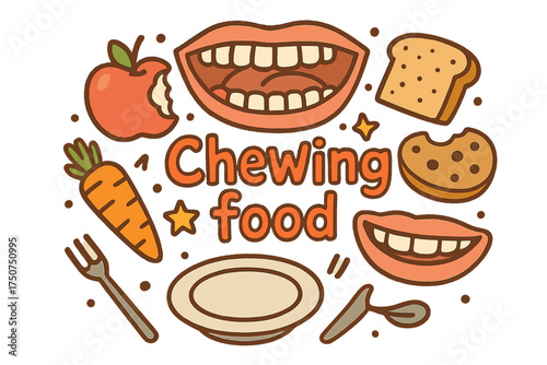Chewing Delight Doodle. Chewing food. Hand-drawn doodle illustration of Chewing food. teeth, jaw, molar,