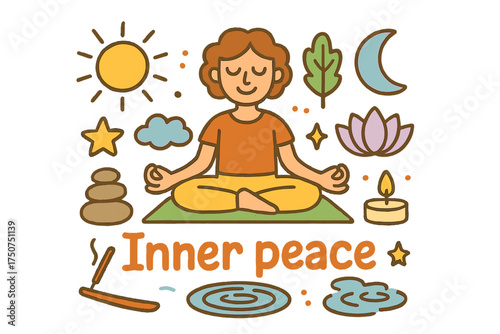 Inner Peace Doodle. Inner peace. Hand-drawn doodle illustration of Inner peace. person meditating, lotus