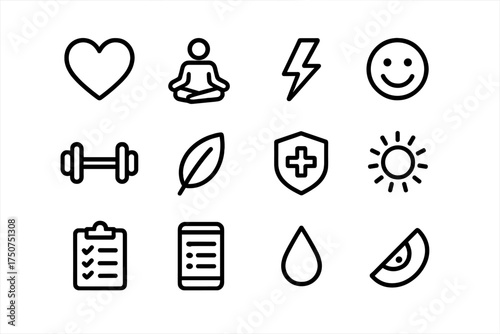 Healthy Icons Set. Healthy eating habits. Line outline icon set of Healthy eating habits: heart icon, wellness