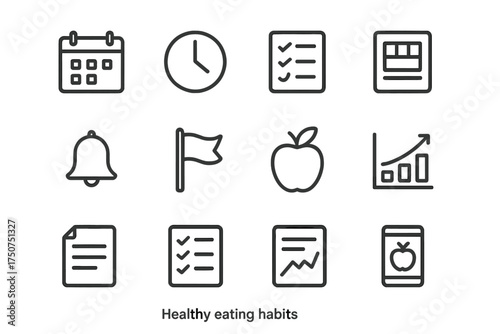 Healthy Habits Icons. Healthy eating habits. Line outline icon set of Healthy eating habits: calendar, clock,