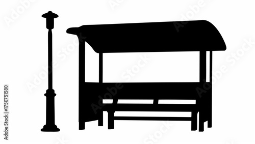 Silhouette of a bus stop shelter with a bench and a street light on a white background in a simple style