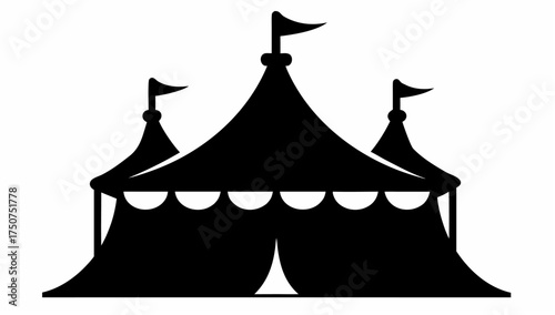 A black and white silhouette of a circus tent with three peaks and small flags on top of each peak