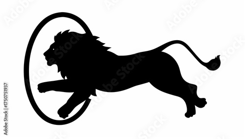 Silhouette of a lion jumping through a hoop in black and white circus animal performance illustration